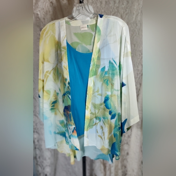 Chico\'s Vibrant Floral Kimono Blouse - Green and Blue NWOT